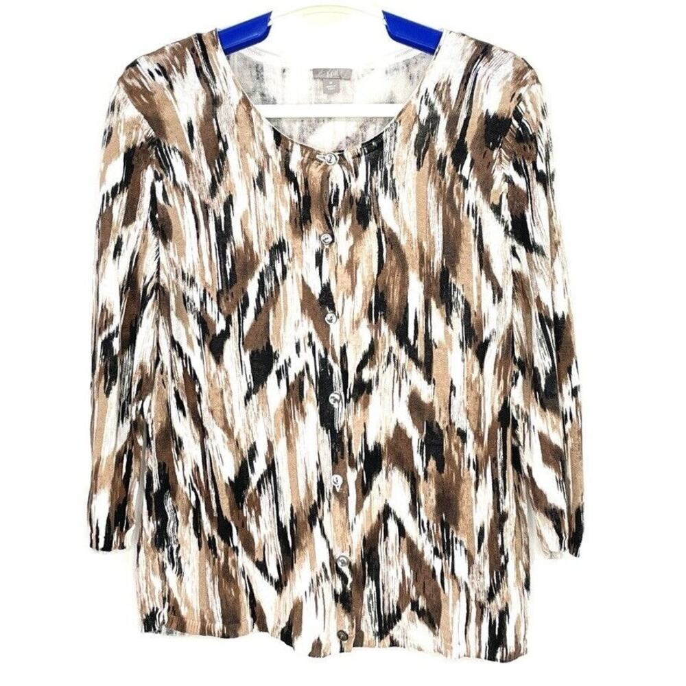 J Jill Womens Brown Black Watercolor 3/4 Sleeve Linen Blend Cardigan Size Medium